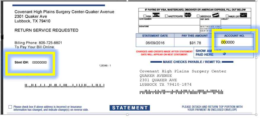 Example billing statement showing the location of your account number